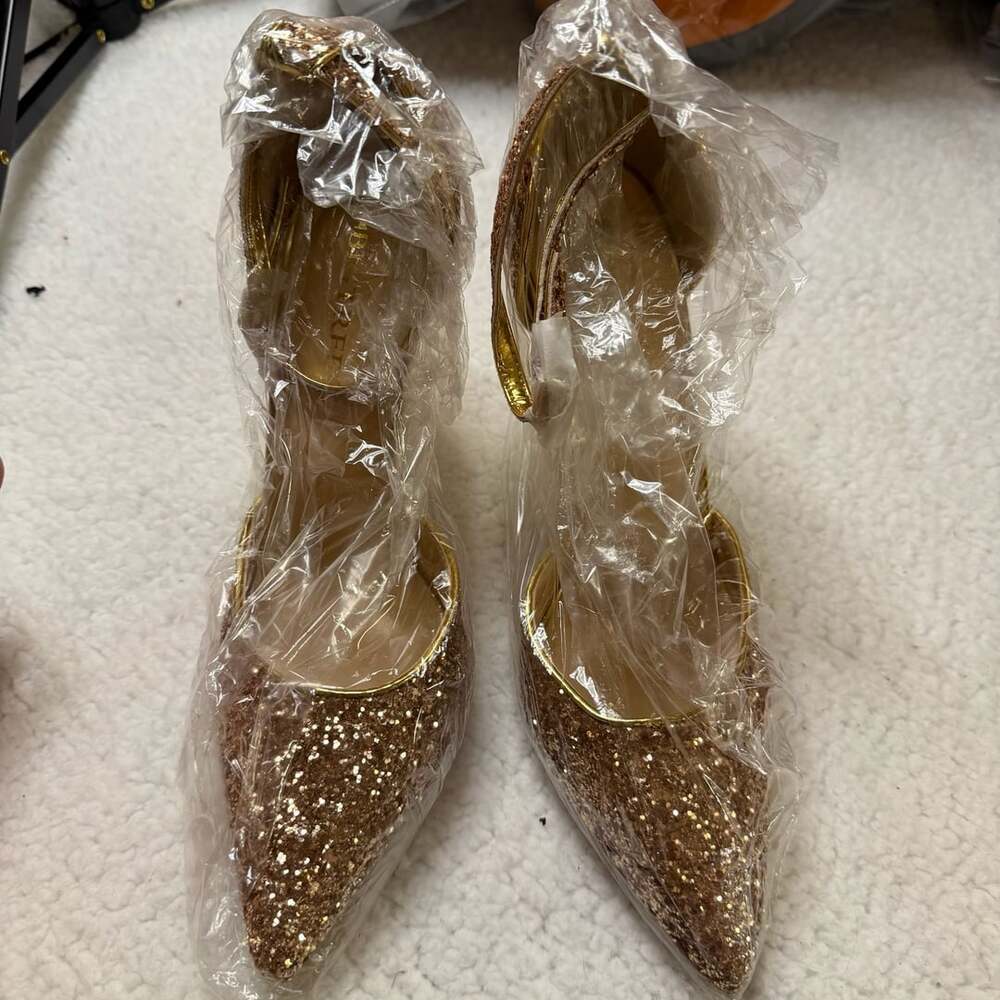 Badgley Mischka Glitter Ankle Strap Pointed Toe Heels Gold